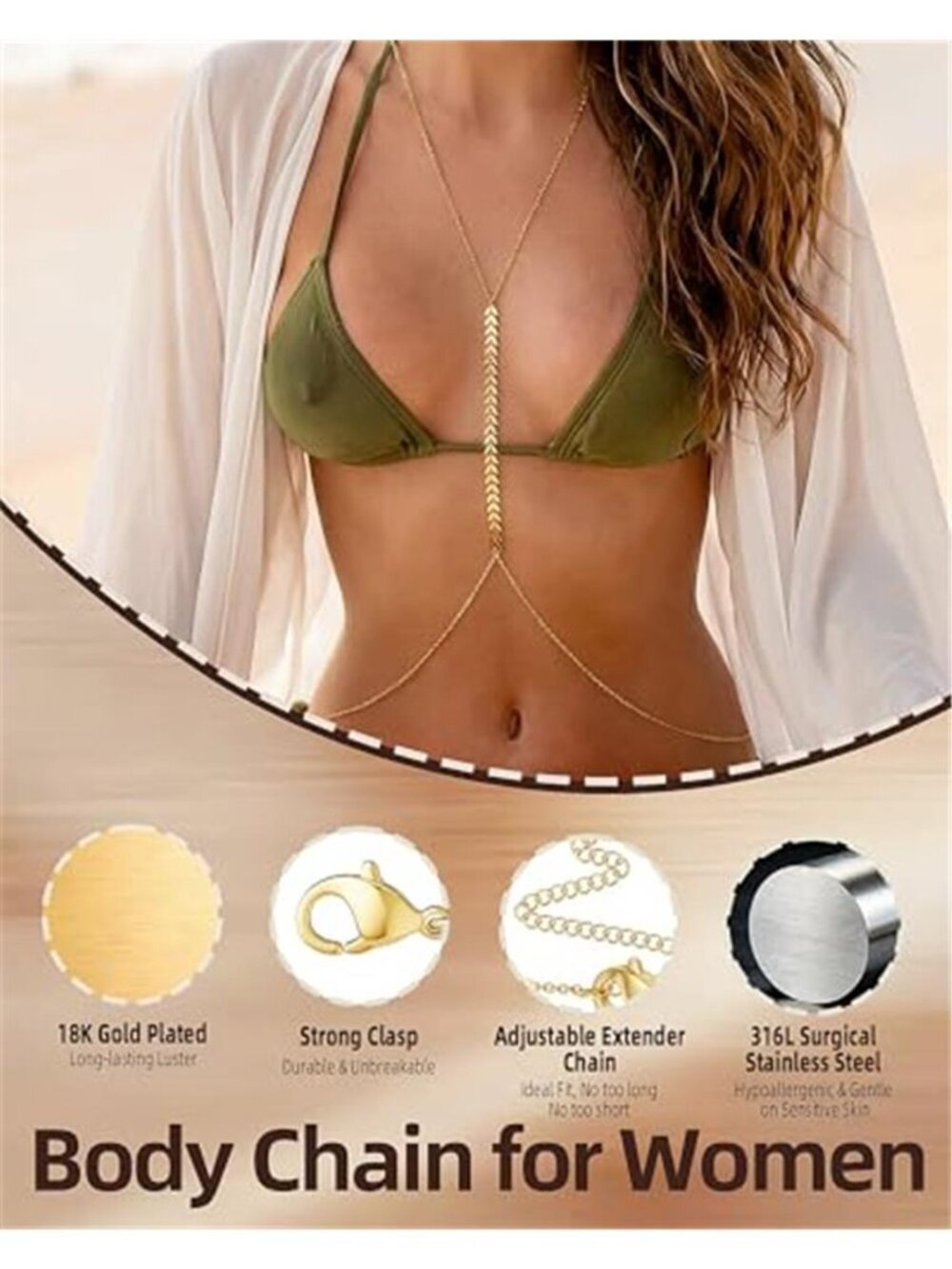 Hypoallergenic Waterproof 18K Gold Body Chain: Dainty 316L Surgical Stainless